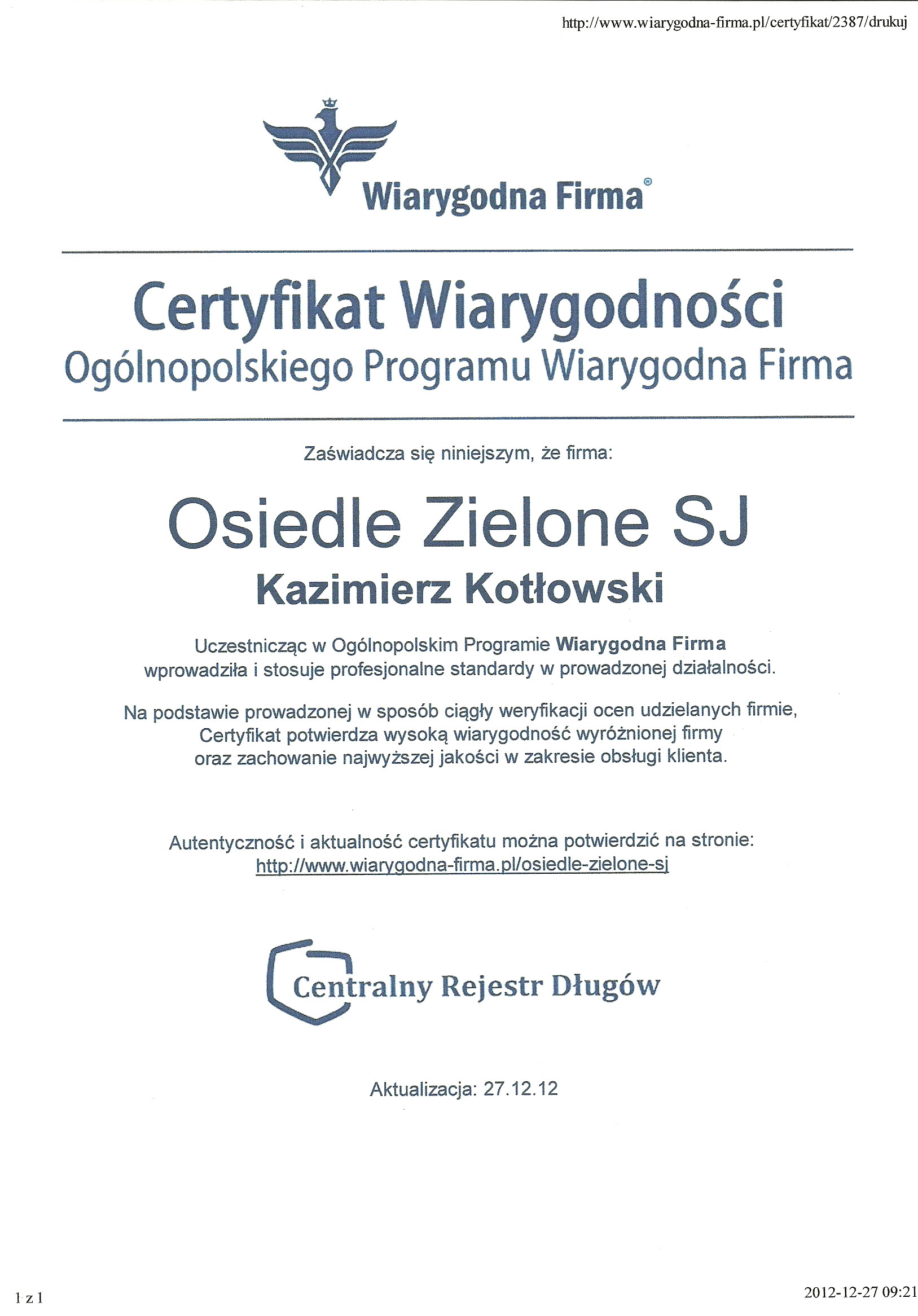 Certyfikat Wiarygodna Firma